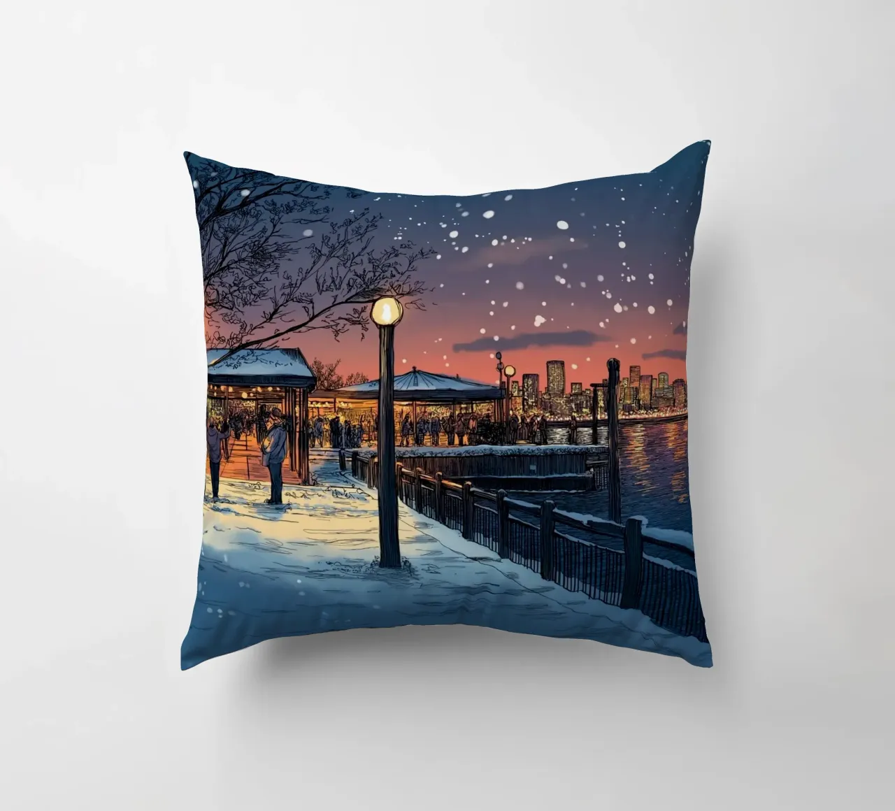 Tramonto sul molo innevato - Raduno invernale sul lungomare di New York cuscino da ClubArt