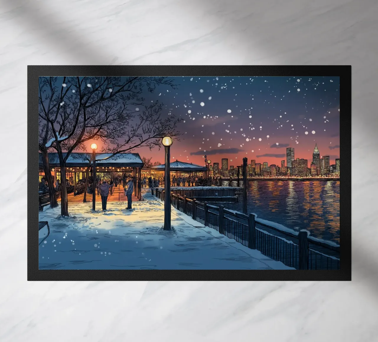 Tramonto sul molo innevato - Raduno invernale sul lungomare di New York zerbino da ClubArt