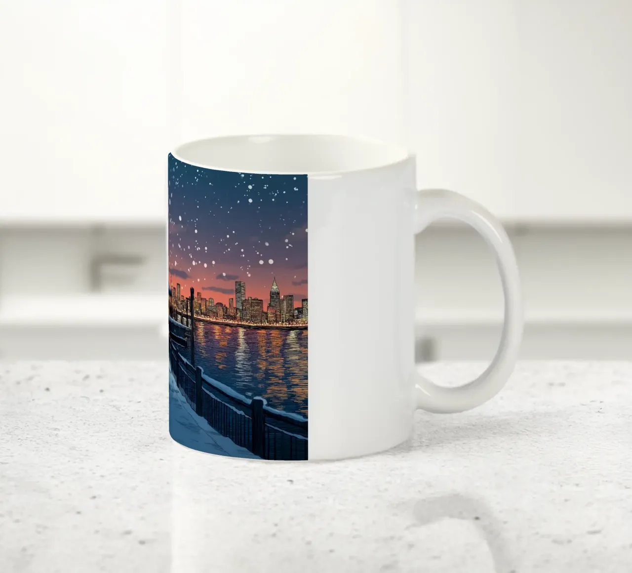 Tramonto sul molo innevato - Raduno invernale sul lungomare di New York tazza in ceramica da ClubArt