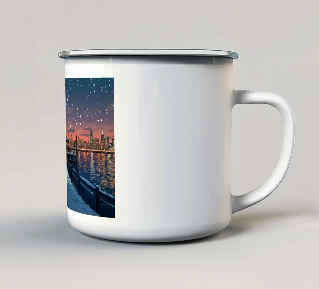 Tramonto sul molo innevato - Raduno invernale sul lungomare di New York tazza in smalto da ClubArt