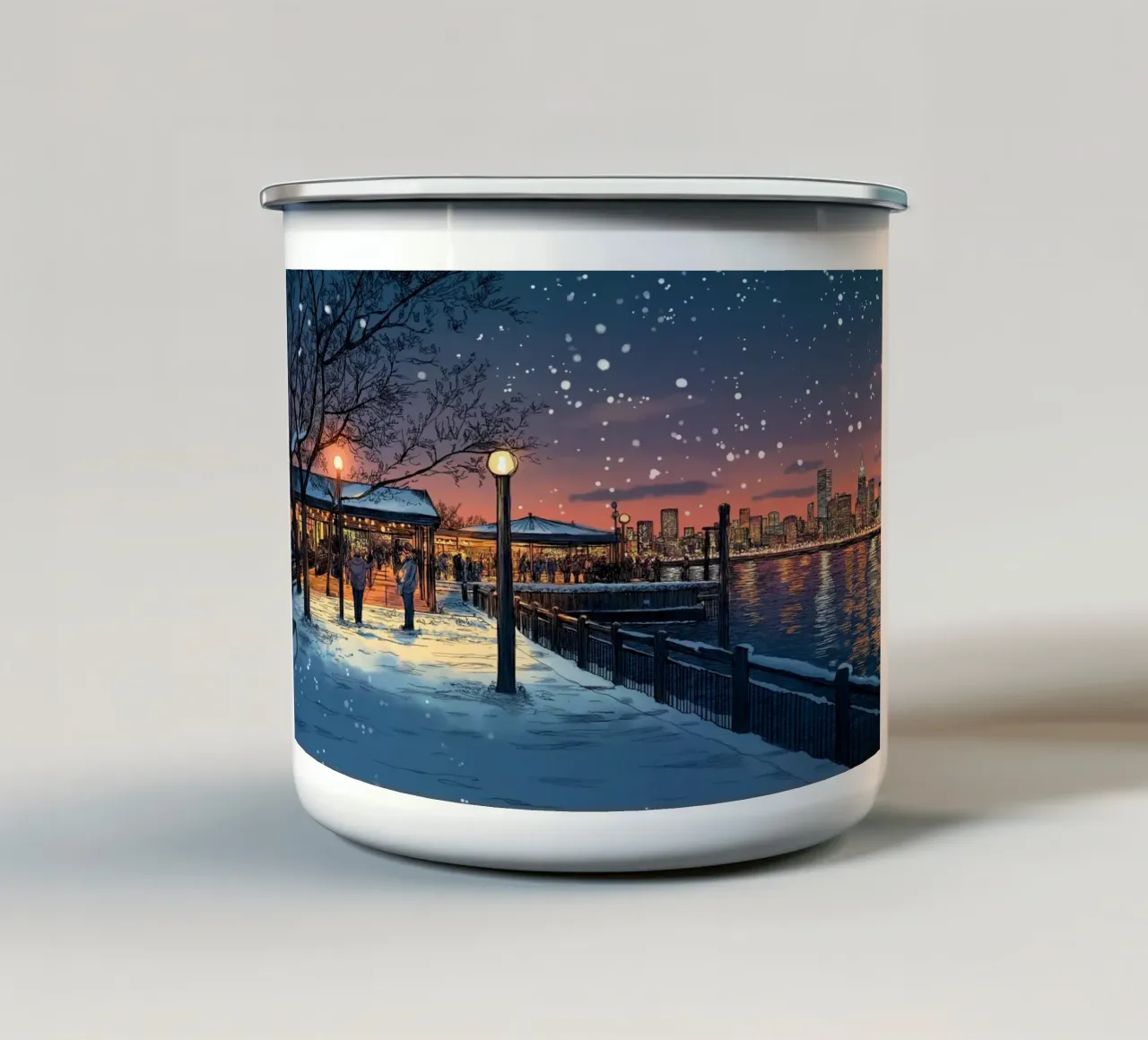 Tramonto sul molo innevato - Raduno invernale sul lungomare di New York tazza in smalto da ClubArt