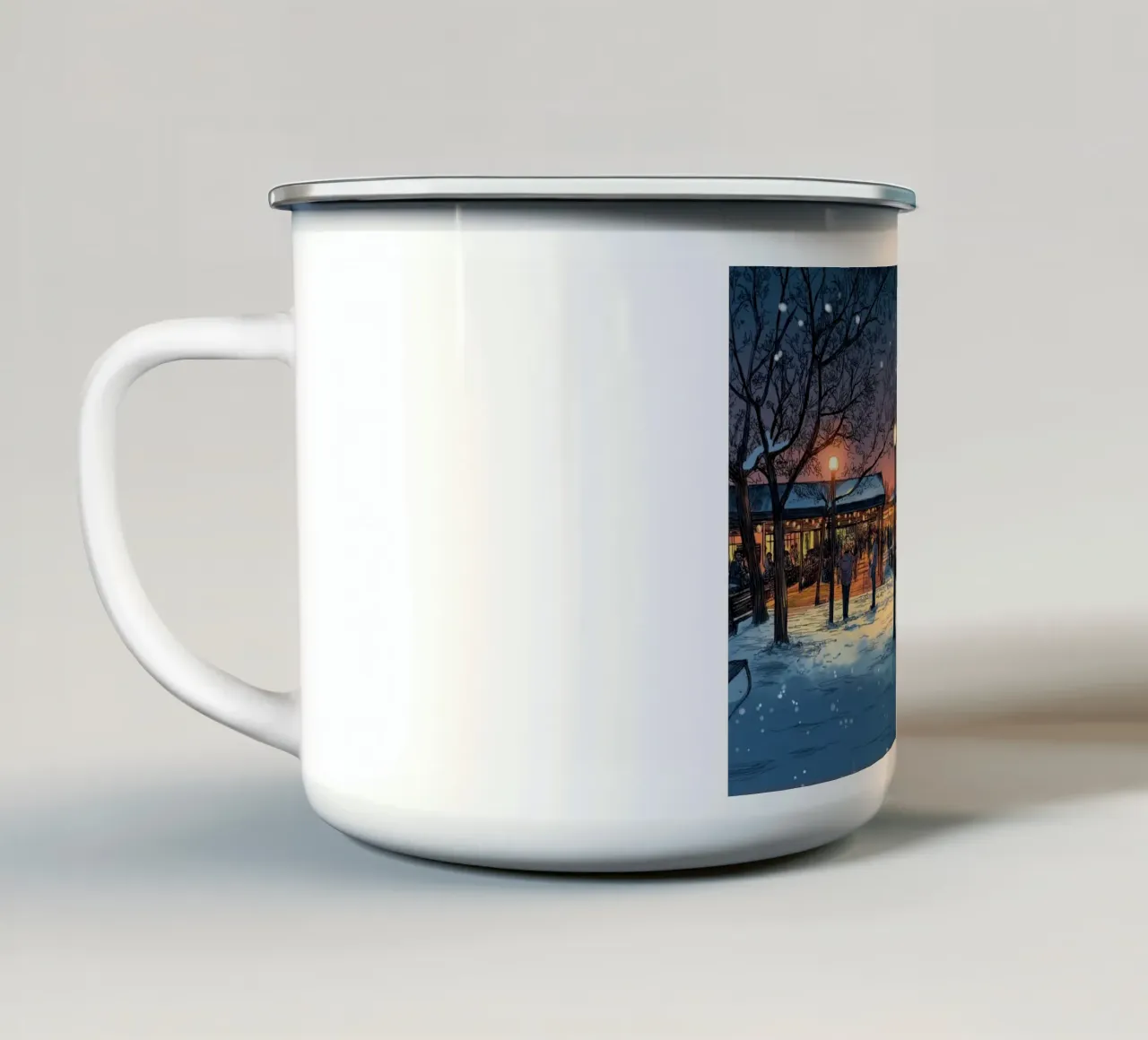 Tramonto sul molo innevato - Raduno invernale sul lungomare di New York tazza in smalto da ClubArt