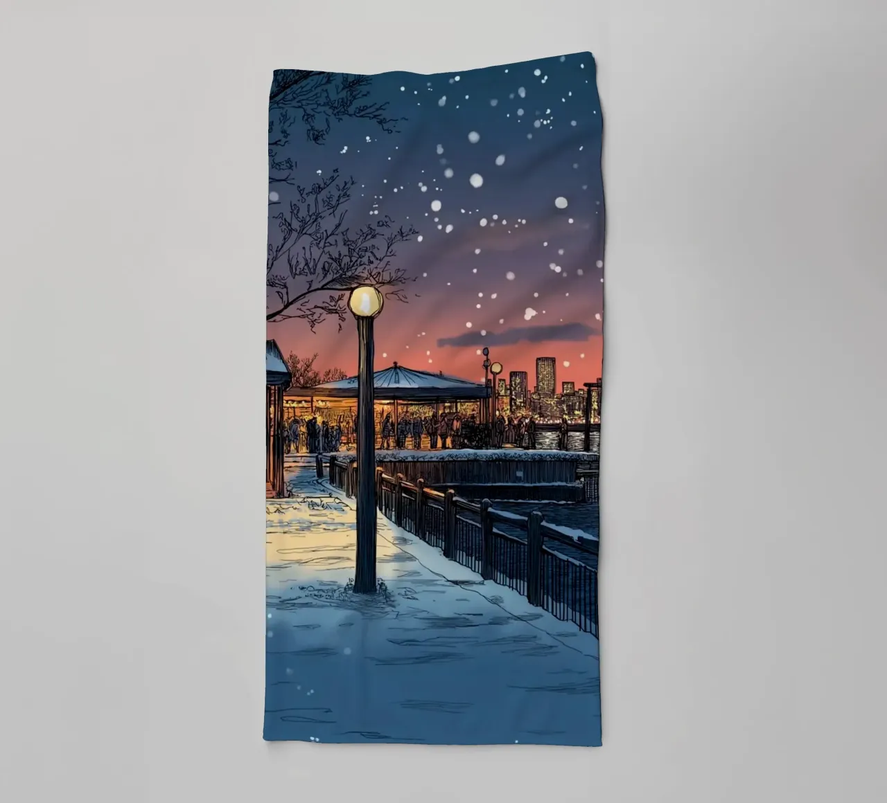 Tramonto sul molo innevato - Raduno invernale sul lungomare di New York asciugamano da bagno da ClubArt