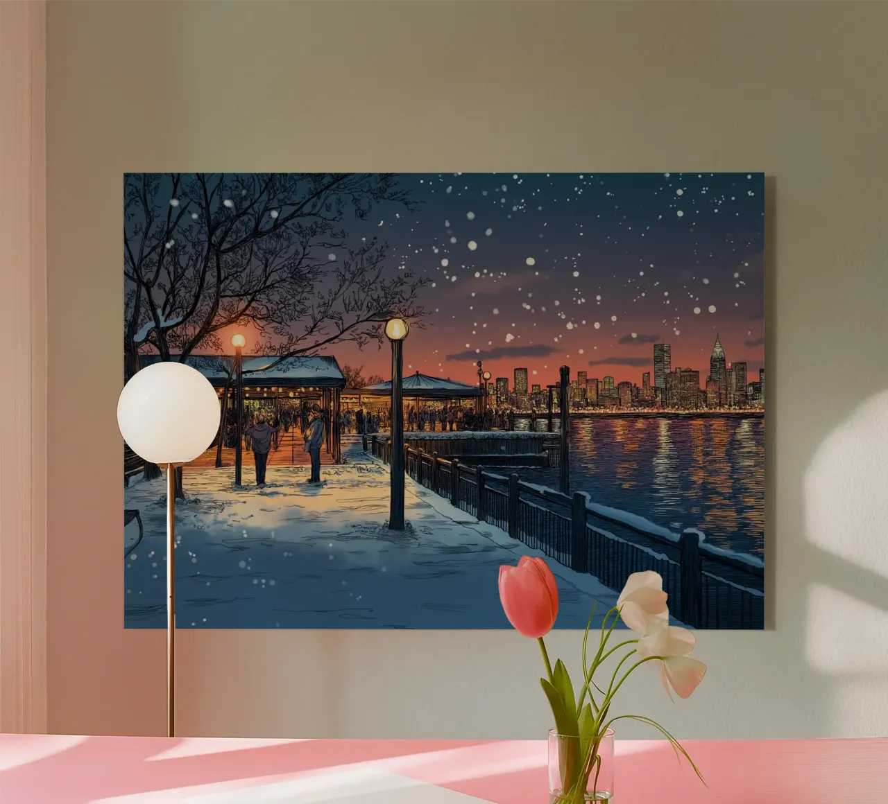 Puesta de sol en el muelle nevado - Reunión invernal frente al mar de NYC metacrilato de ClubArt
