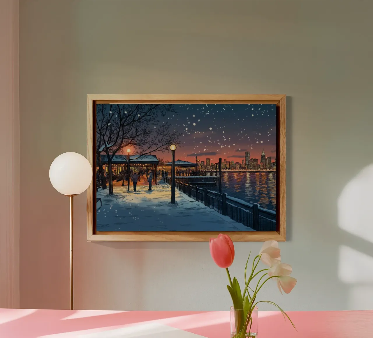 Tramonto sul molo innevato - Raduno invernale sul lungomare di New York alluminio dibond da ClubArt