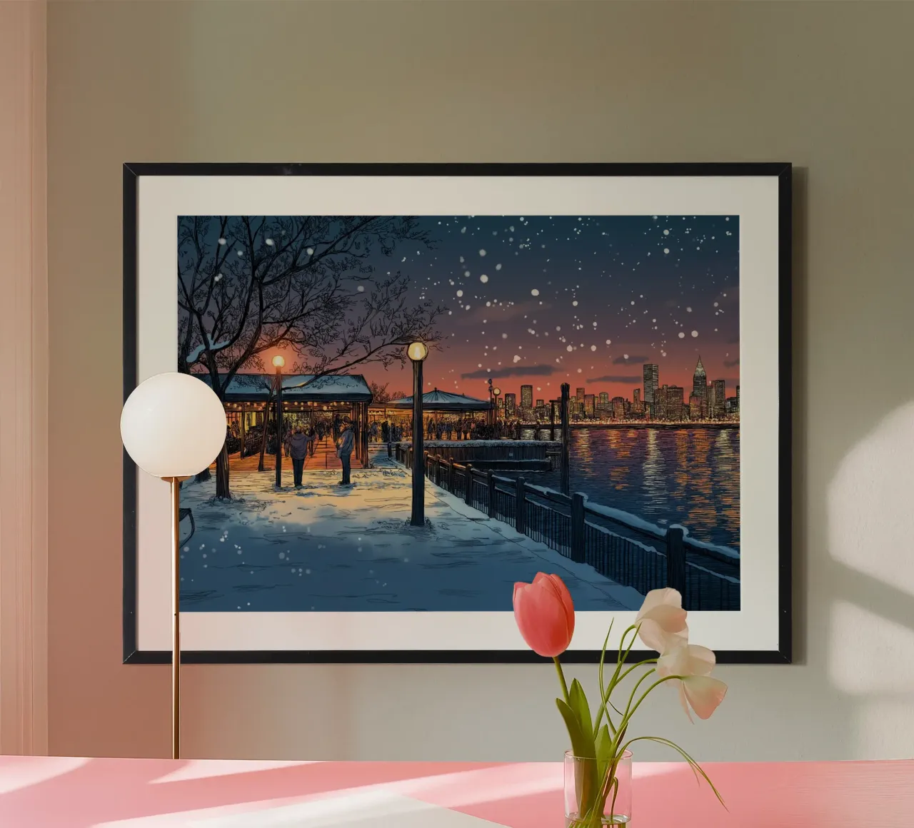 Tramonto sul molo innevato - Raduno invernale sul lungomare di New York carta hahnemühle da ClubArt