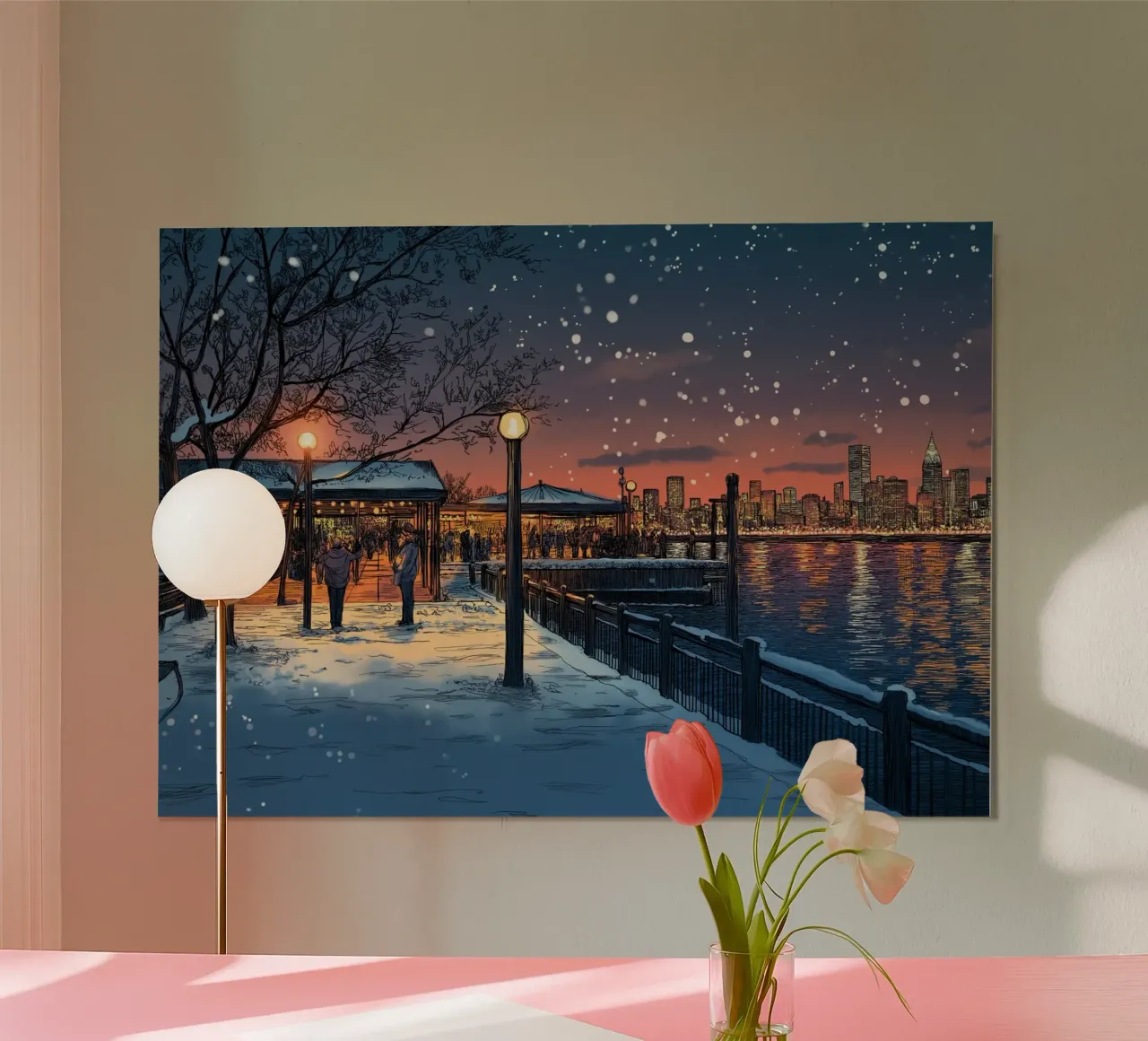 Tramonto sul molo innevato - Raduno invernale sul lungomare di New York carta hahnemühle da ClubArt