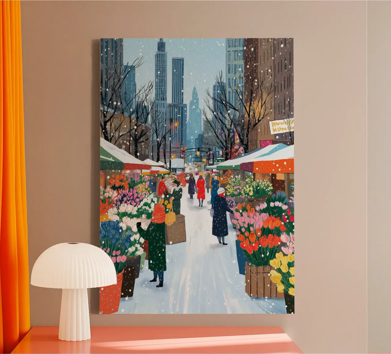 Mercato dei fiori d'inverno - Stampa d'arte della città innevata tela con Cornice a cassetta da ClubArt