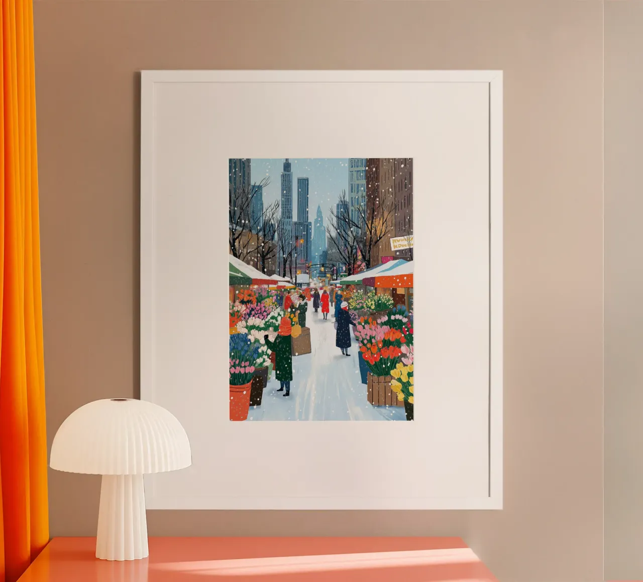 Mercato dei fiori d'inverno - Stampa d'arte della città innevata poster da ClubArt