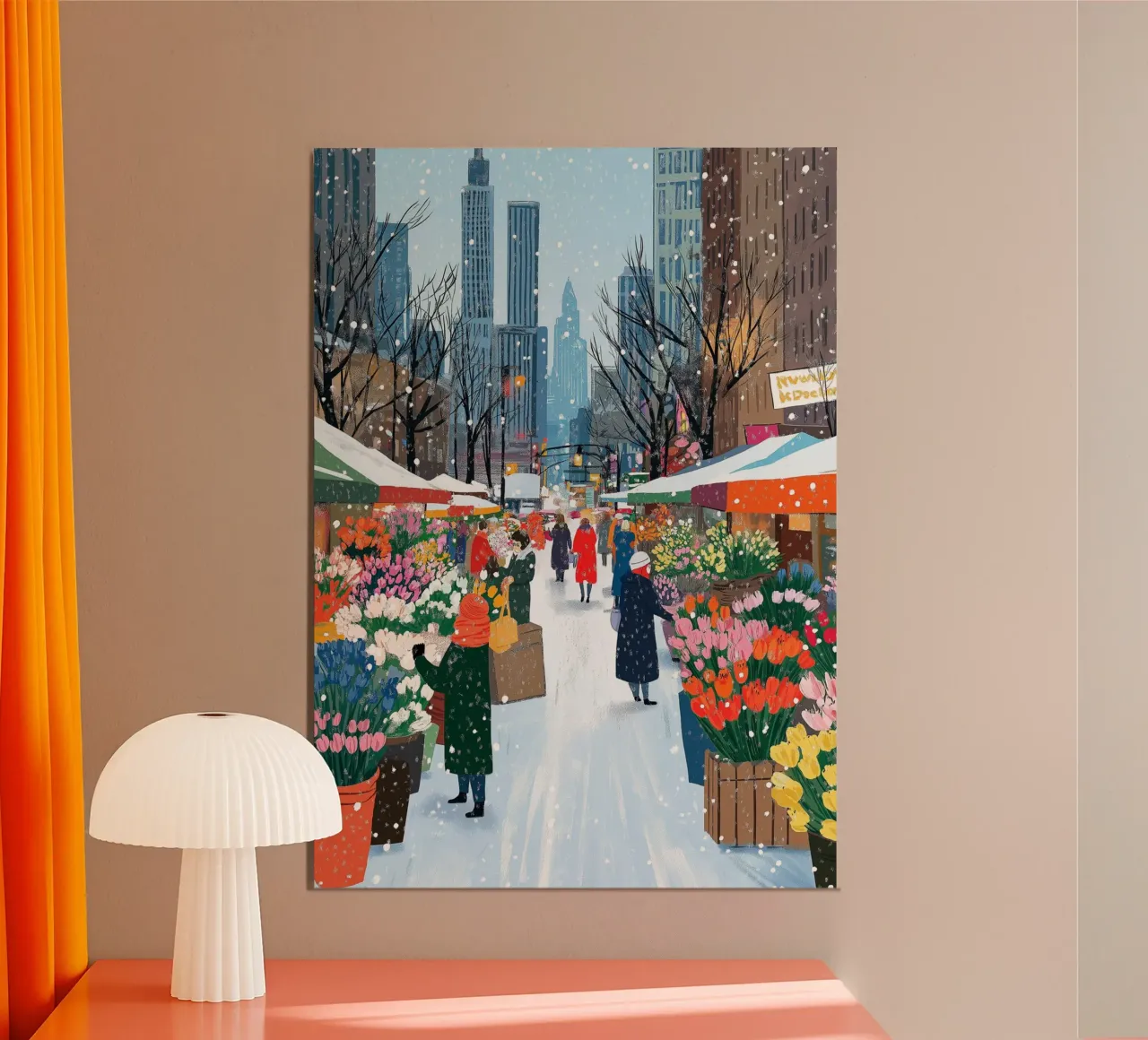 Mercato dei fiori d'inverno - Stampa d'arte della città innevata poster da ClubArt