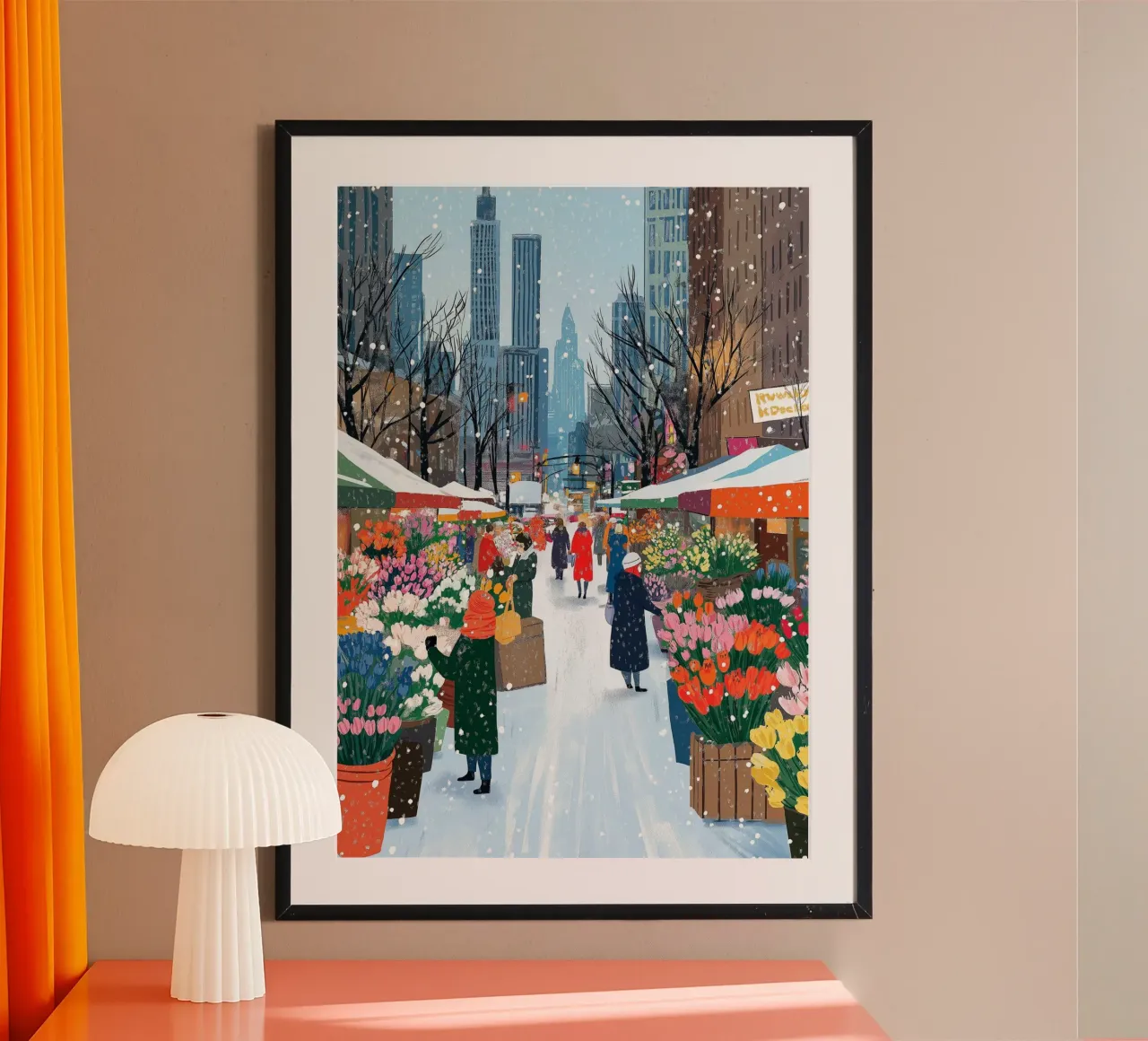 Mercato dei fiori d'inverno - Stampa d'arte della città innevata poster da ClubArt