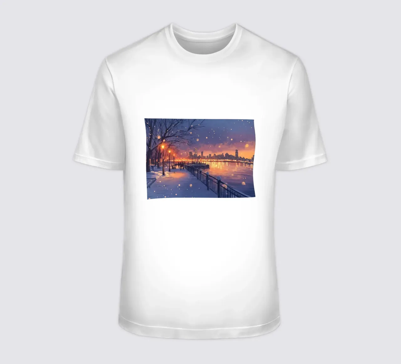 Tramonto invernale a Riverside - Bagliore della città innevata t-shirt da ClubArt