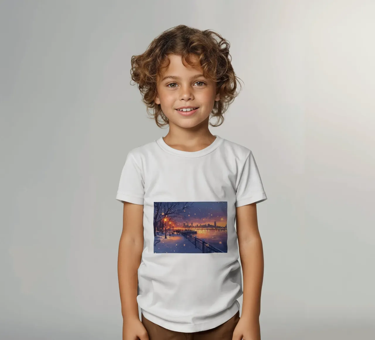 Riverside Winter Sunset - Snowy City Skyline Glow kids t-shirt by ClubArt
