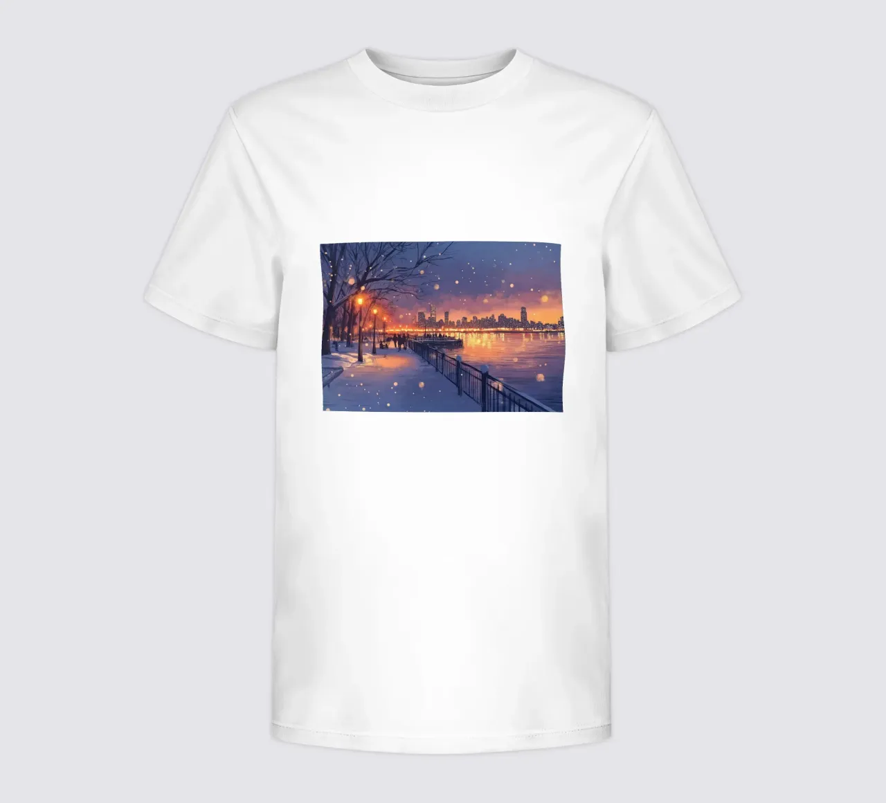 Riverside Winter Sunset - Snowy City Skyline Glow kids t-shirt by ClubArt