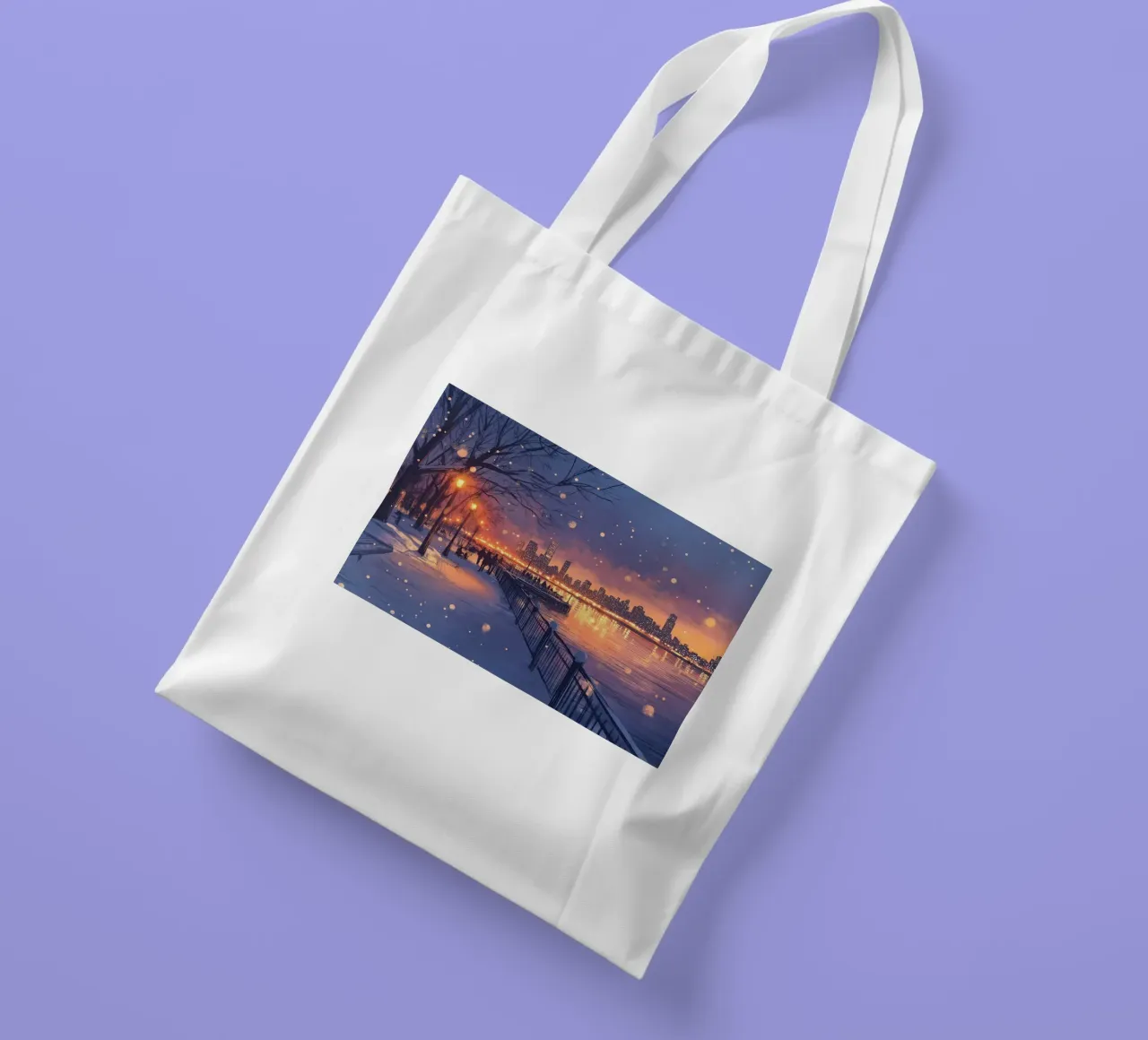 Tramonto invernale a Riverside - Bagliore della città innevata borsa in juta da ClubArt