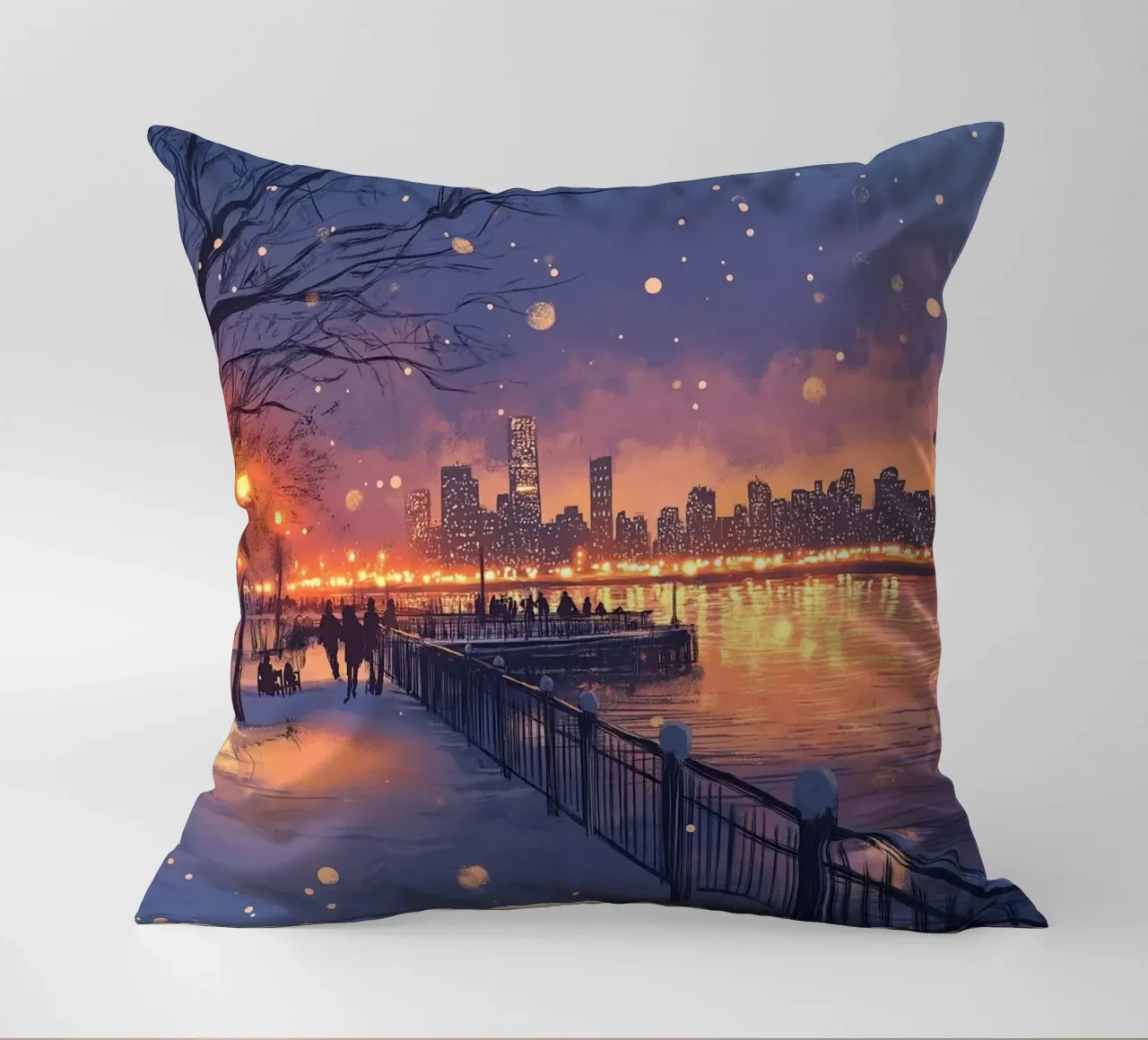 Tramonto invernale a Riverside - Bagliore della città innevata cuscino da ClubArt