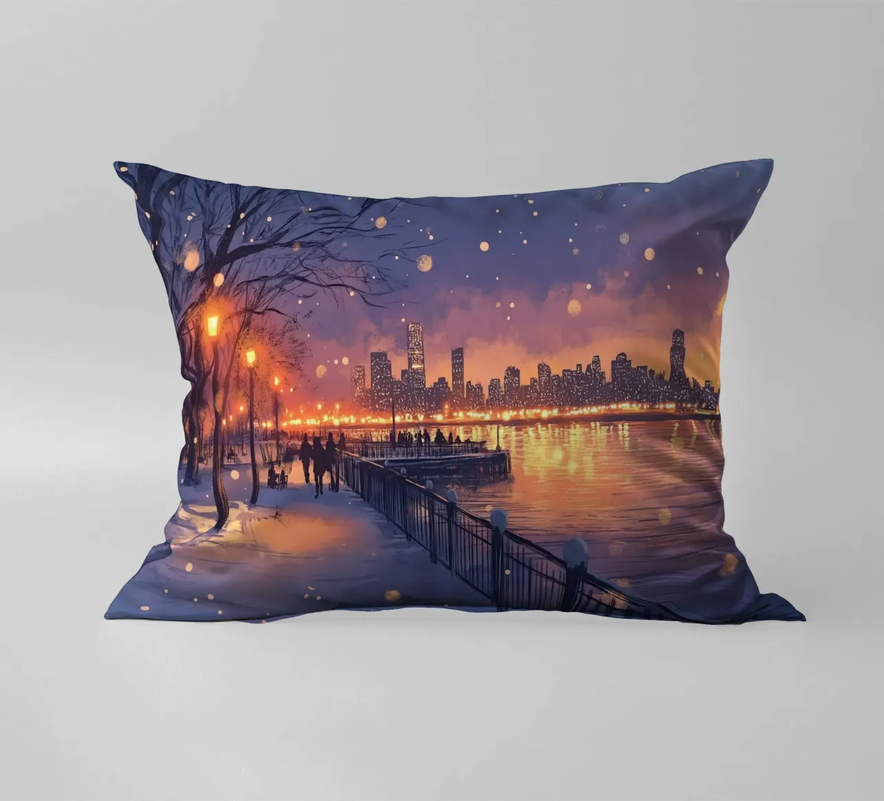 Tramonto invernale a Riverside - Bagliore della città innevata cuscino da ClubArt