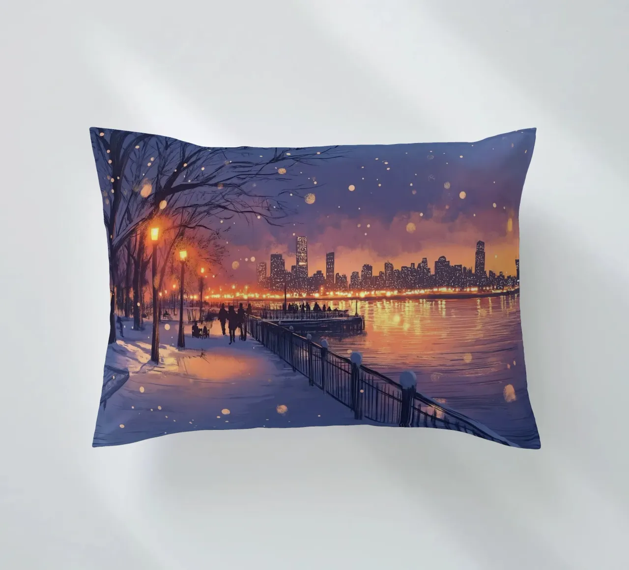 Tramonto invernale a Riverside - Bagliore della città innevata cuscino da ClubArt