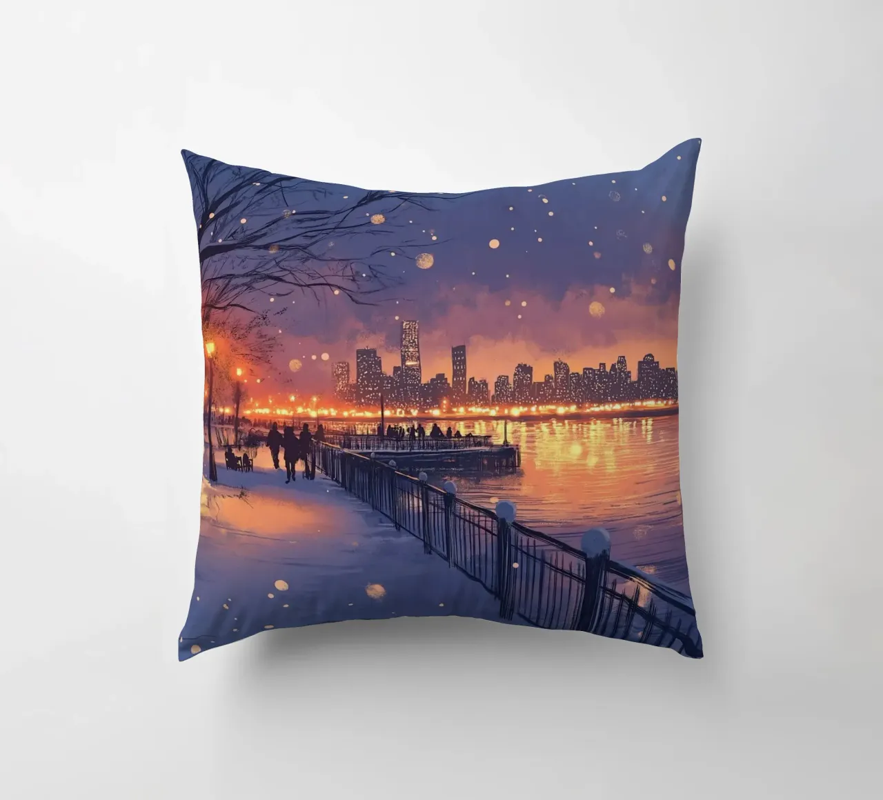 Tramonto invernale a Riverside - Bagliore della città innevata cuscino da ClubArt