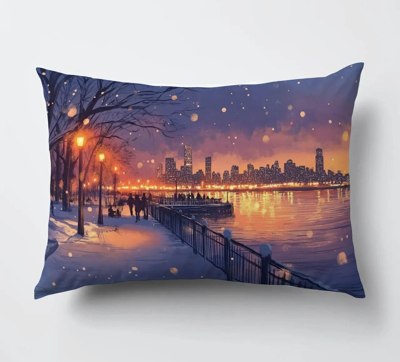 Tramonto invernale a Riverside - Bagliore della città innevata cuscino da ClubArt