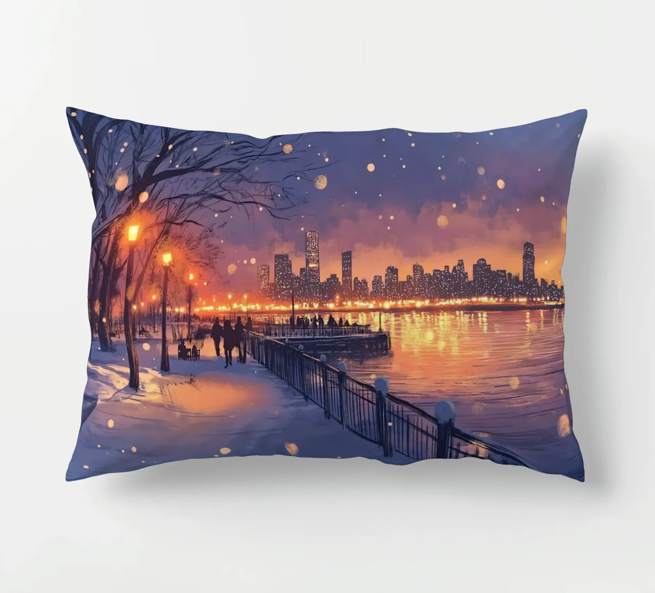 Tramonto invernale a Riverside - Bagliore della città innevata cuscino da ClubArt