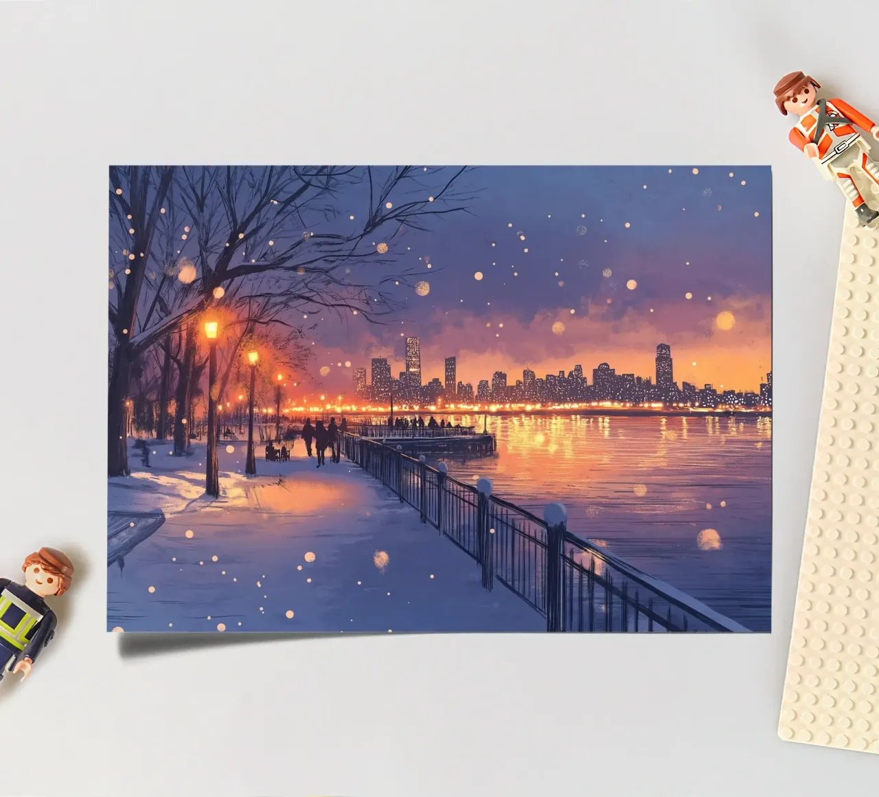 Tramonto invernale a Riverside - Bagliore della città innevata foglio adesivo da ClubArt