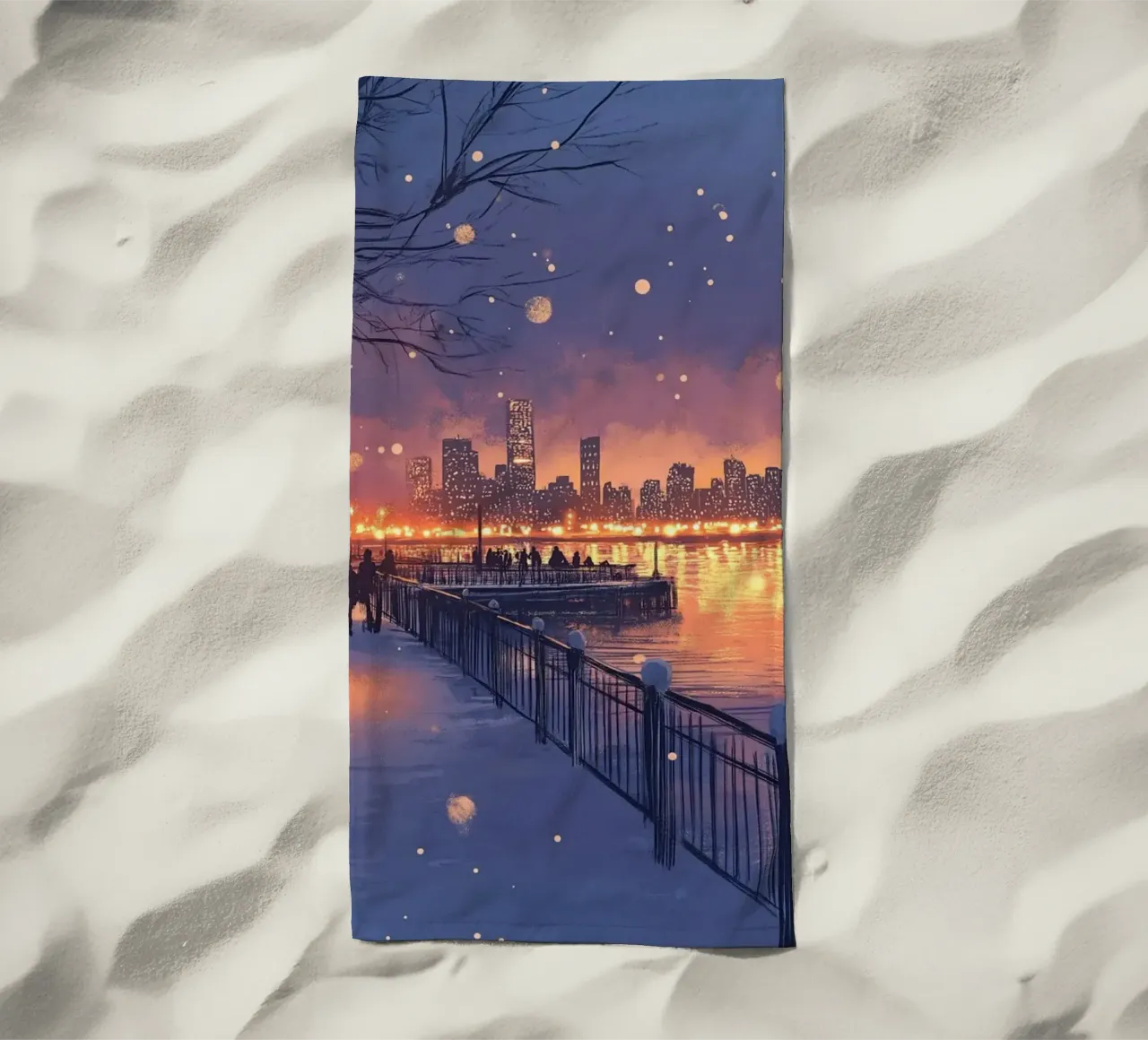 Tramonto invernale a Riverside - Bagliore della città innevata telo mare da ClubArt