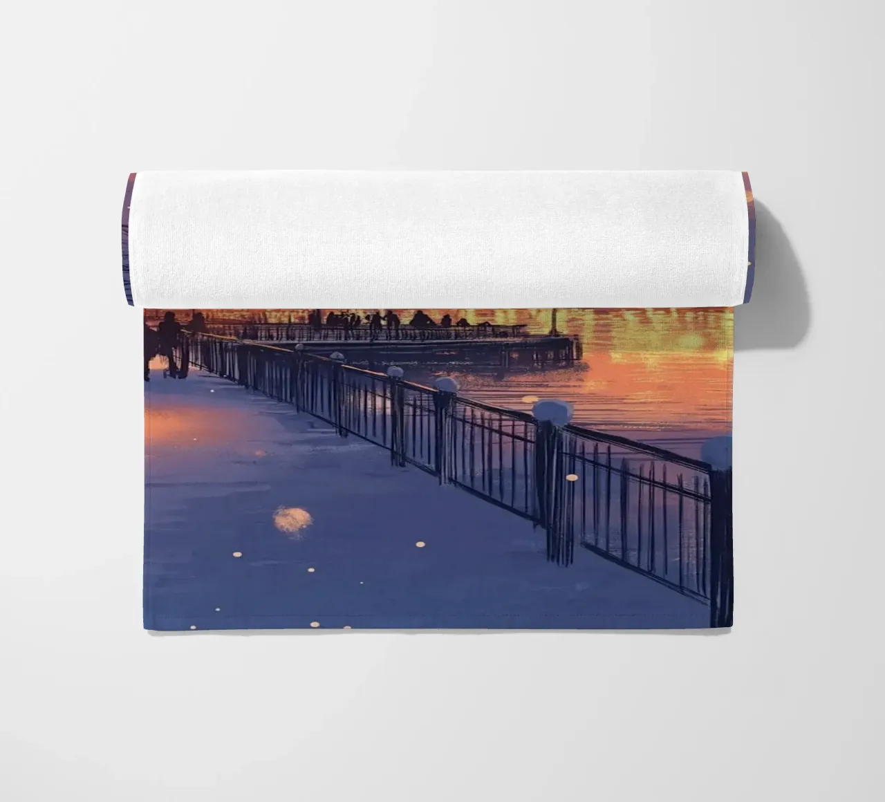 Tramonto invernale a Riverside - Bagliore della città innevata telo mare da ClubArt