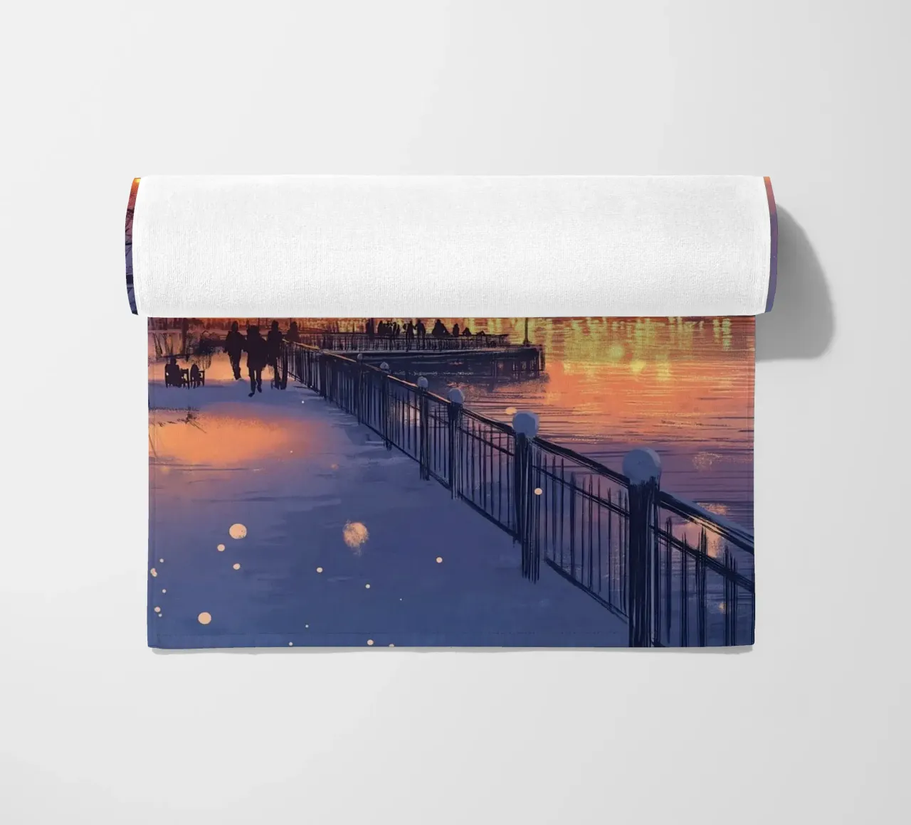 Tramonto invernale a Riverside - Bagliore della città innevata telo mare da ClubArt