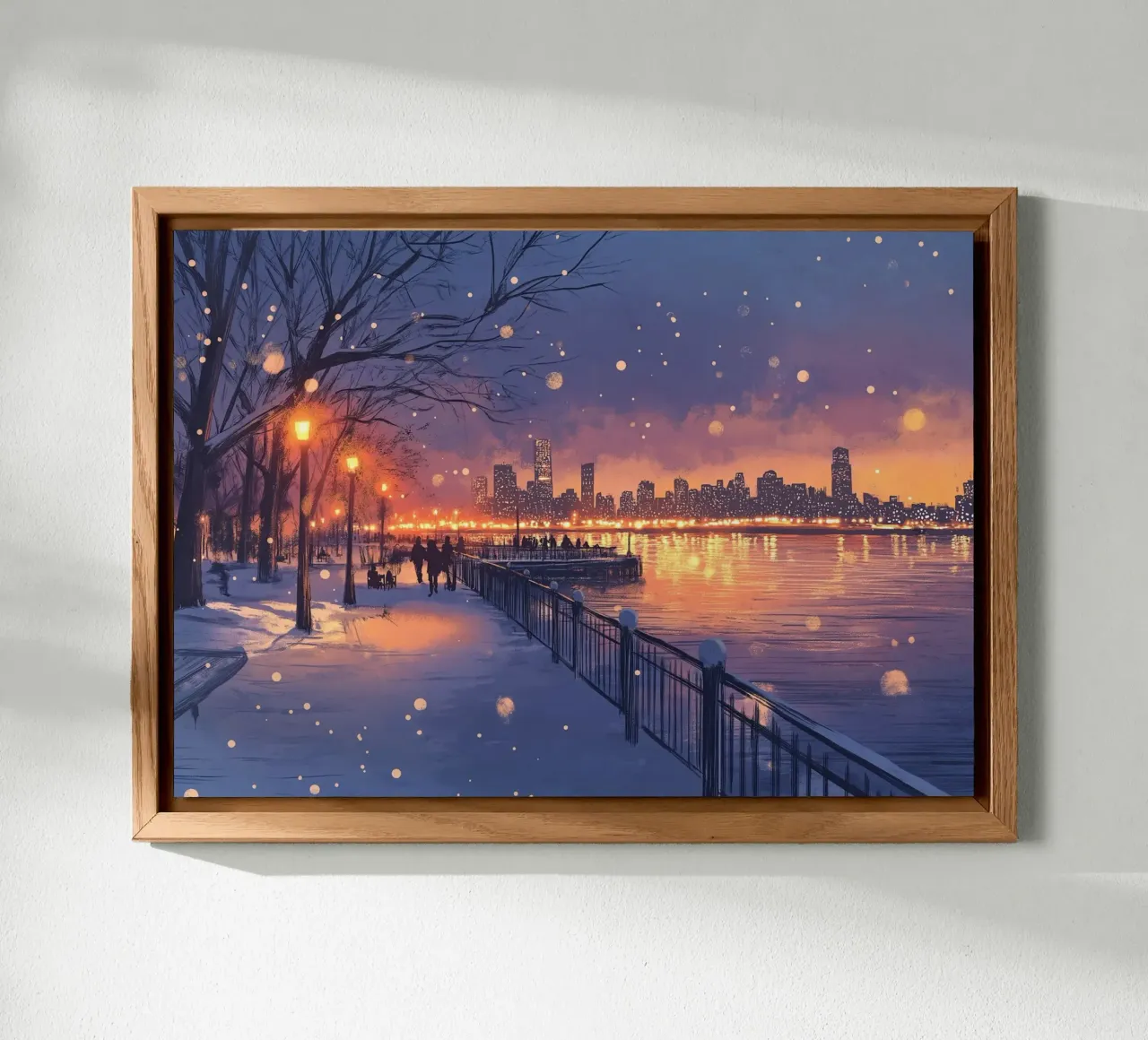Tramonto invernale a Riverside - Bagliore della città innevata alluminio dibond da ClubArt