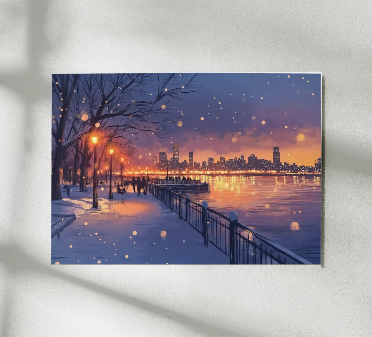 Tramonto invernale a Riverside - Bagliore della città innevata alluminio dibond da ClubArt