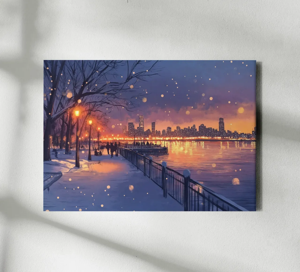 Tramonto invernale a Riverside - Bagliore della città innevata tela da ClubArt