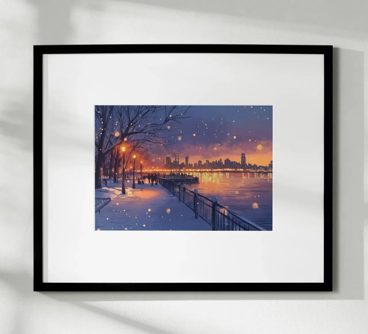 Tramonto invernale a Riverside - Bagliore della città innevata carta hahnemühle da ClubArt