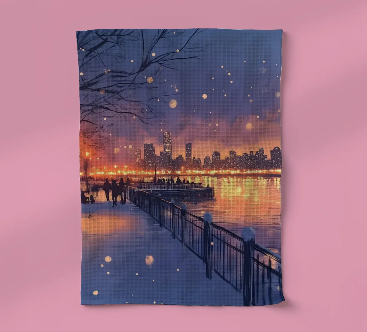 Tramonto invernale a Riverside - Bagliore della città innevata canovaccio da cucina da ClubArt