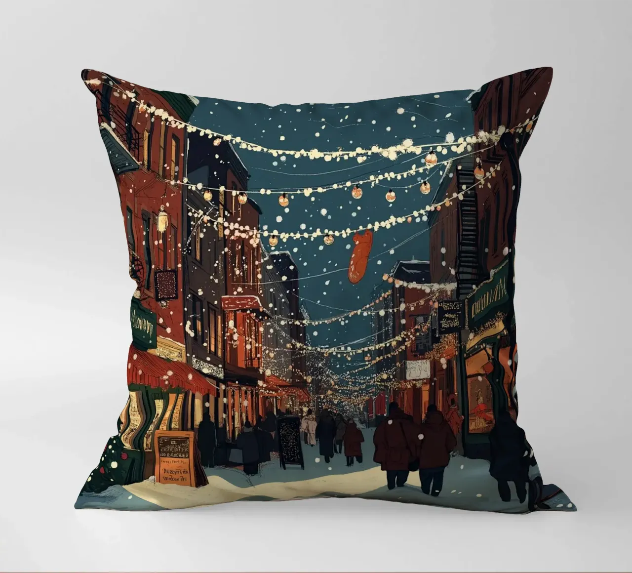 Strada innevata - Scena della città con luci natalizie cuscino da ClubArt