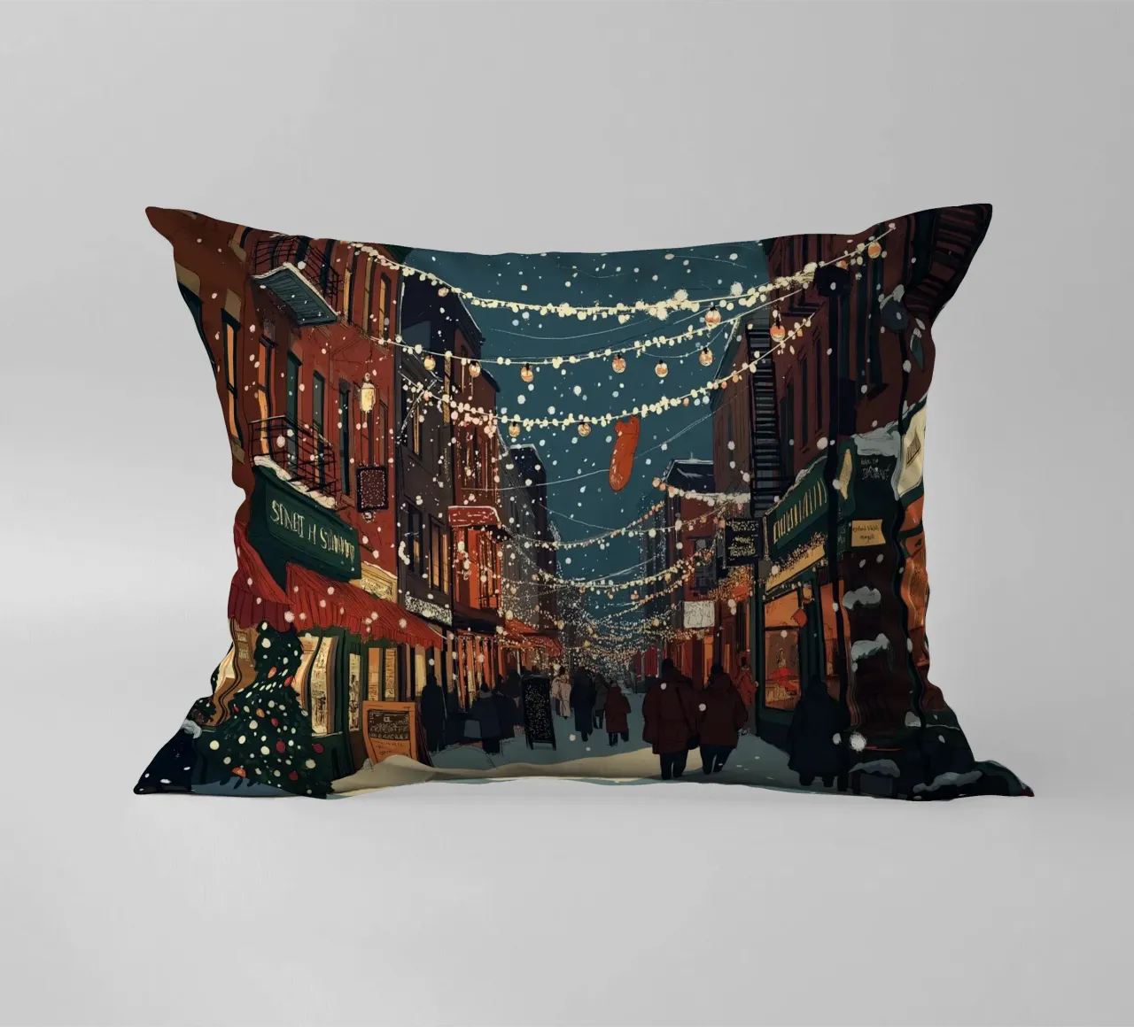 Strada innevata - Scena della città con luci natalizie cuscino da ClubArt