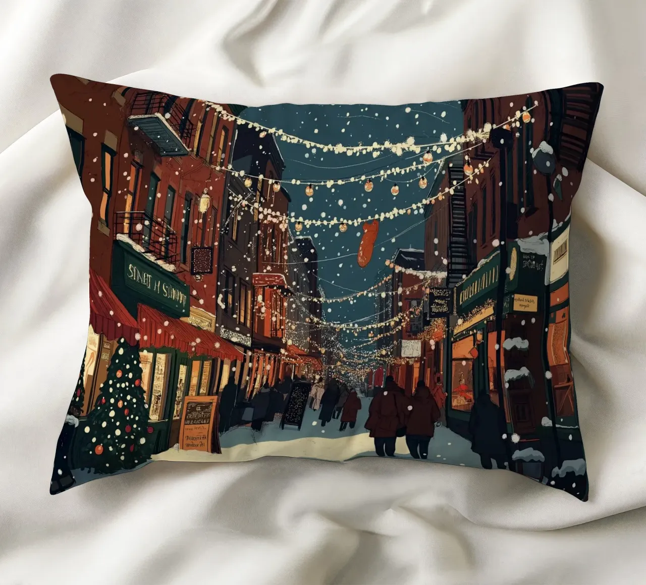 Strada innevata - Scena della città con luci natalizie cuscino da ClubArt