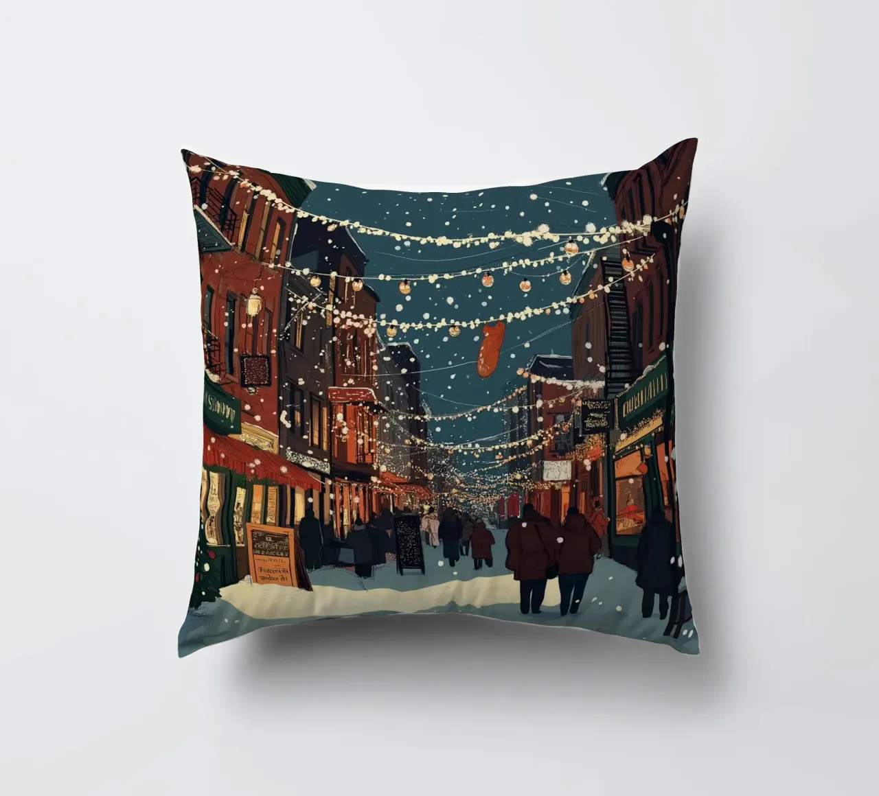 Strada innevata - Scena della città con luci natalizie cuscino da ClubArt