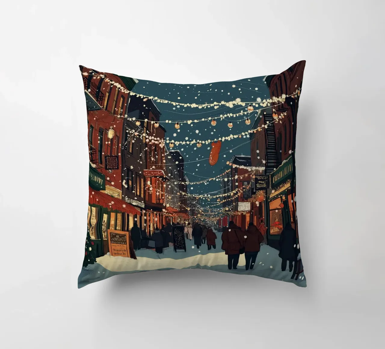 Strada innevata - Scena della città con luci natalizie cuscino da ClubArt