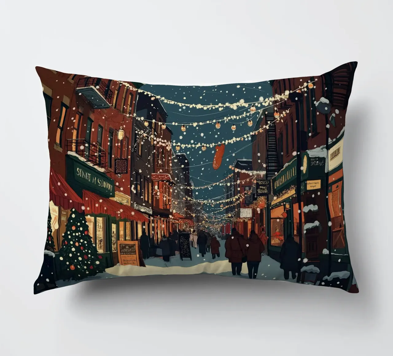 Strada innevata - Scena della città con luci natalizie cuscino da ClubArt