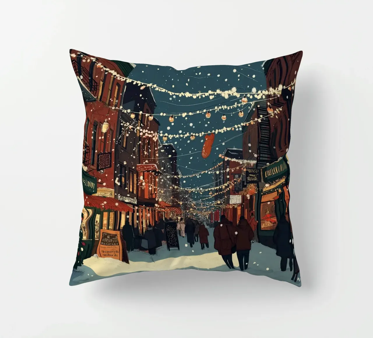 Strada innevata - Scena della città con luci natalizie cuscino da ClubArt
