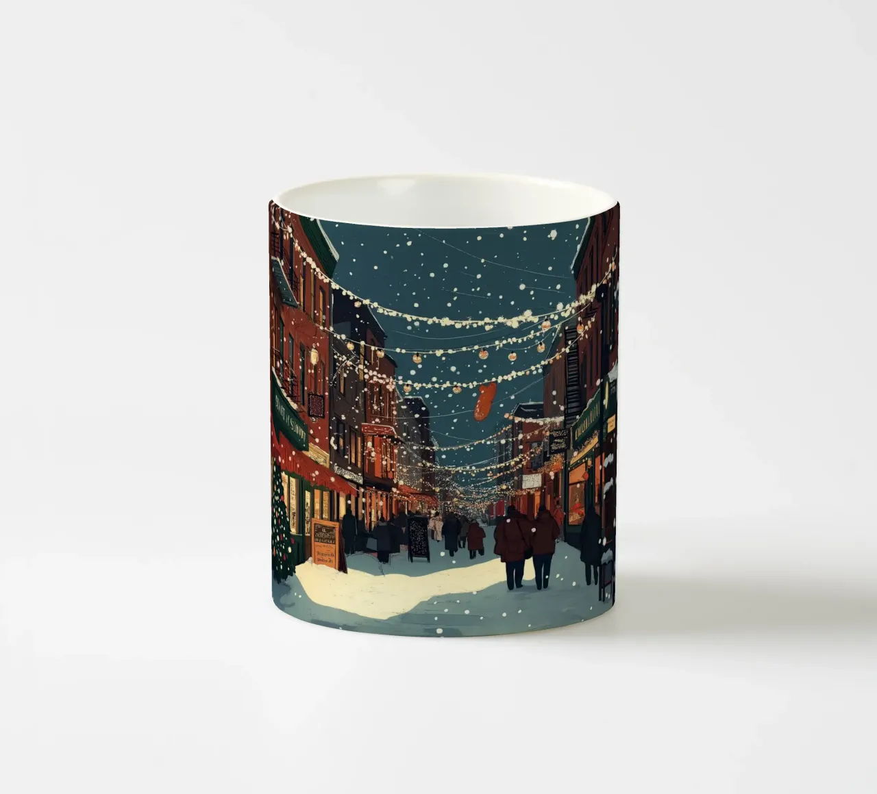 Strada innevata - Scena della città con luci natalizie tazza in ceramica da ClubArt