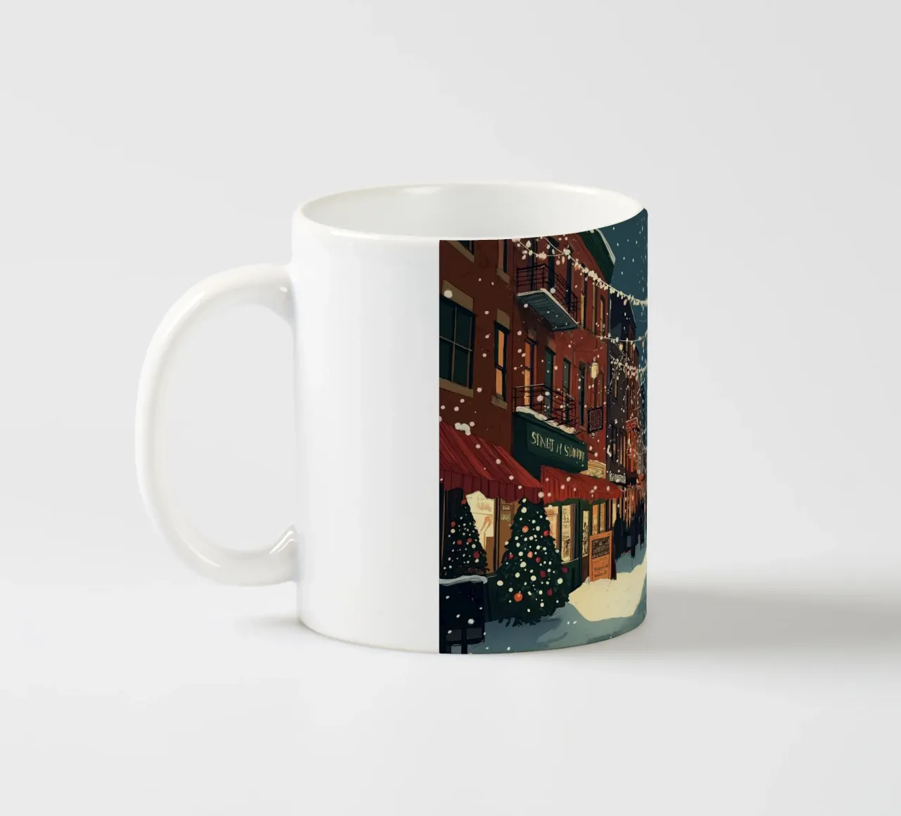 Strada innevata - Scena della città con luci natalizie tazza in ceramica da ClubArt
