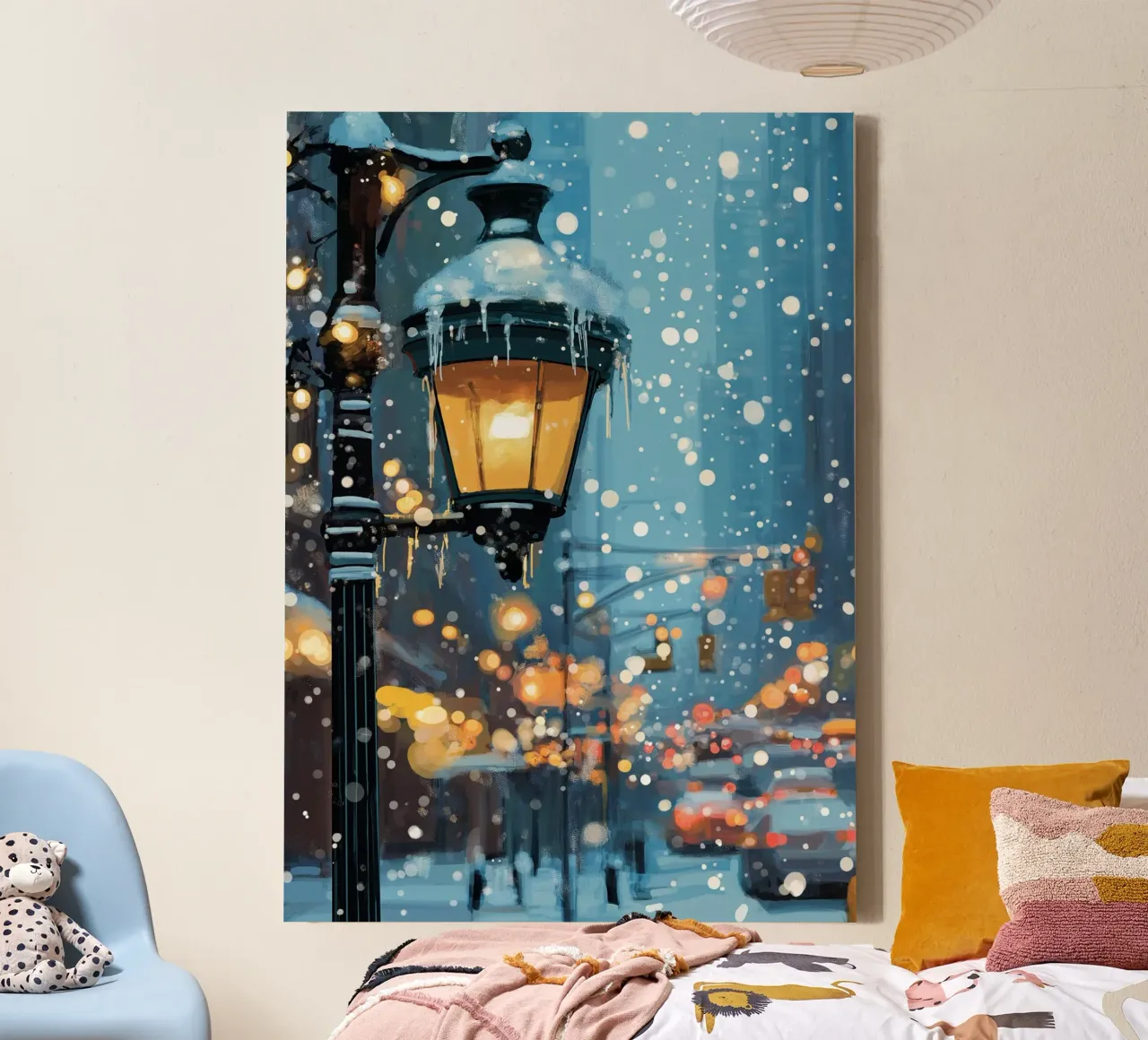 Bagliore dei lampioni innevati - Notte invernale di festa in città tela con Cornice a cassetta da ClubArt