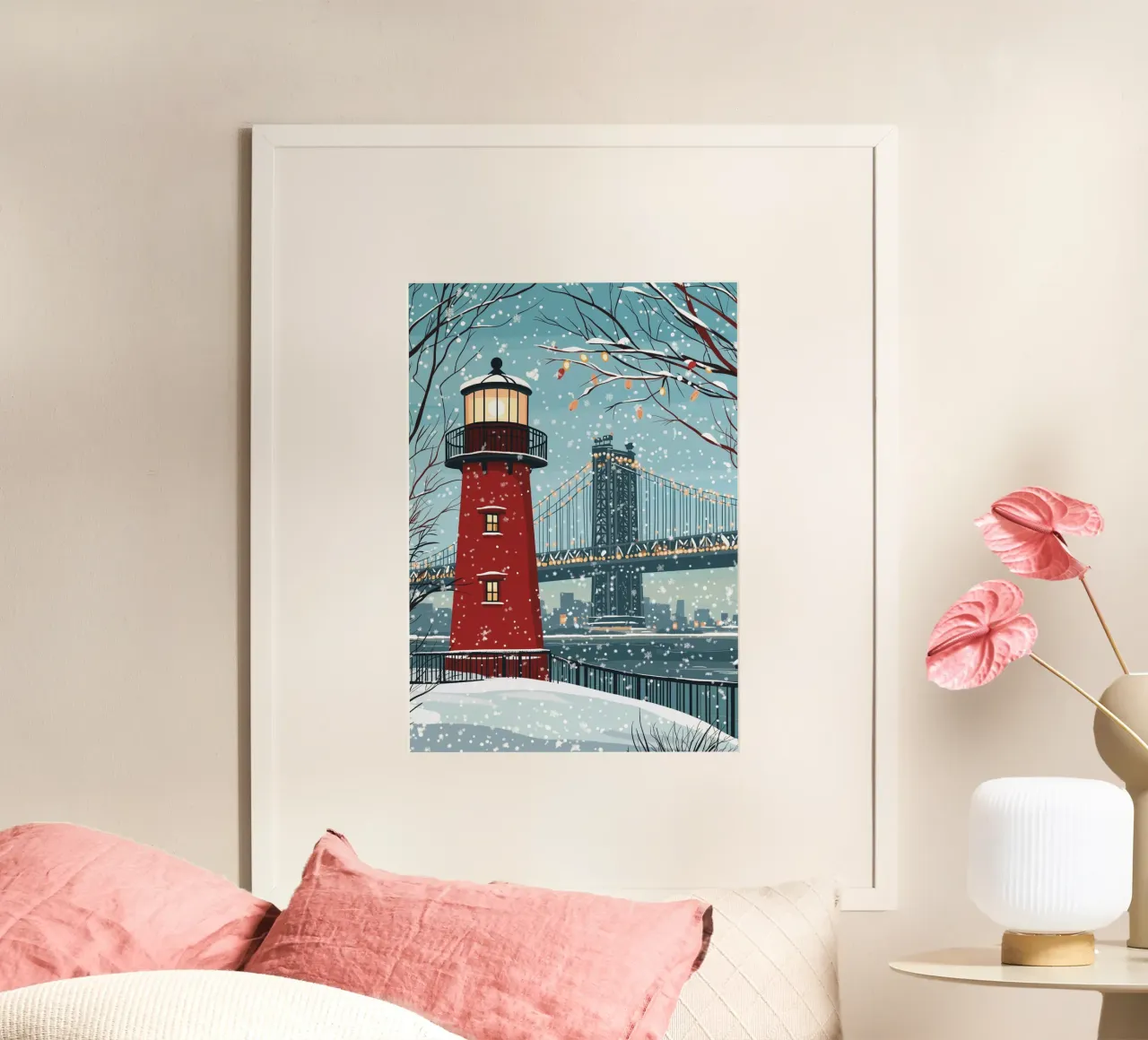 Faro rosso d'inverno - Ponte e paesaggio urbano innevati poster con telaio in alluminio da ClubArt