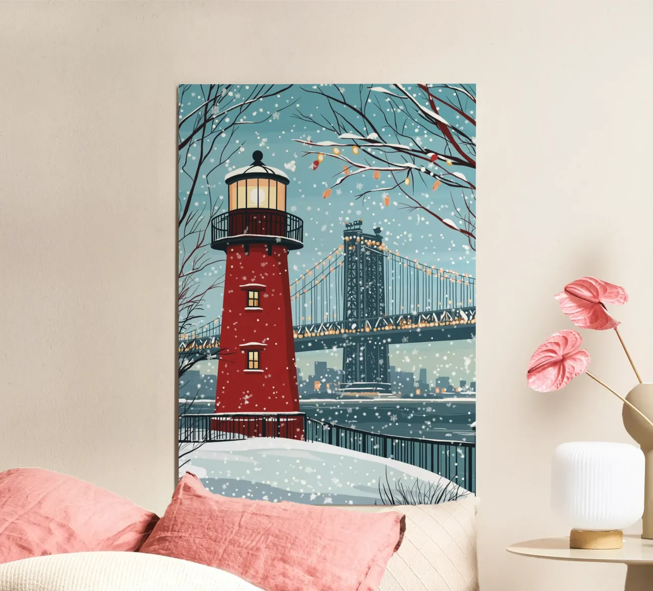 Faro rosso d'inverno - Ponte e paesaggio urbano innevati poster con telaio in alluminio da ClubArt