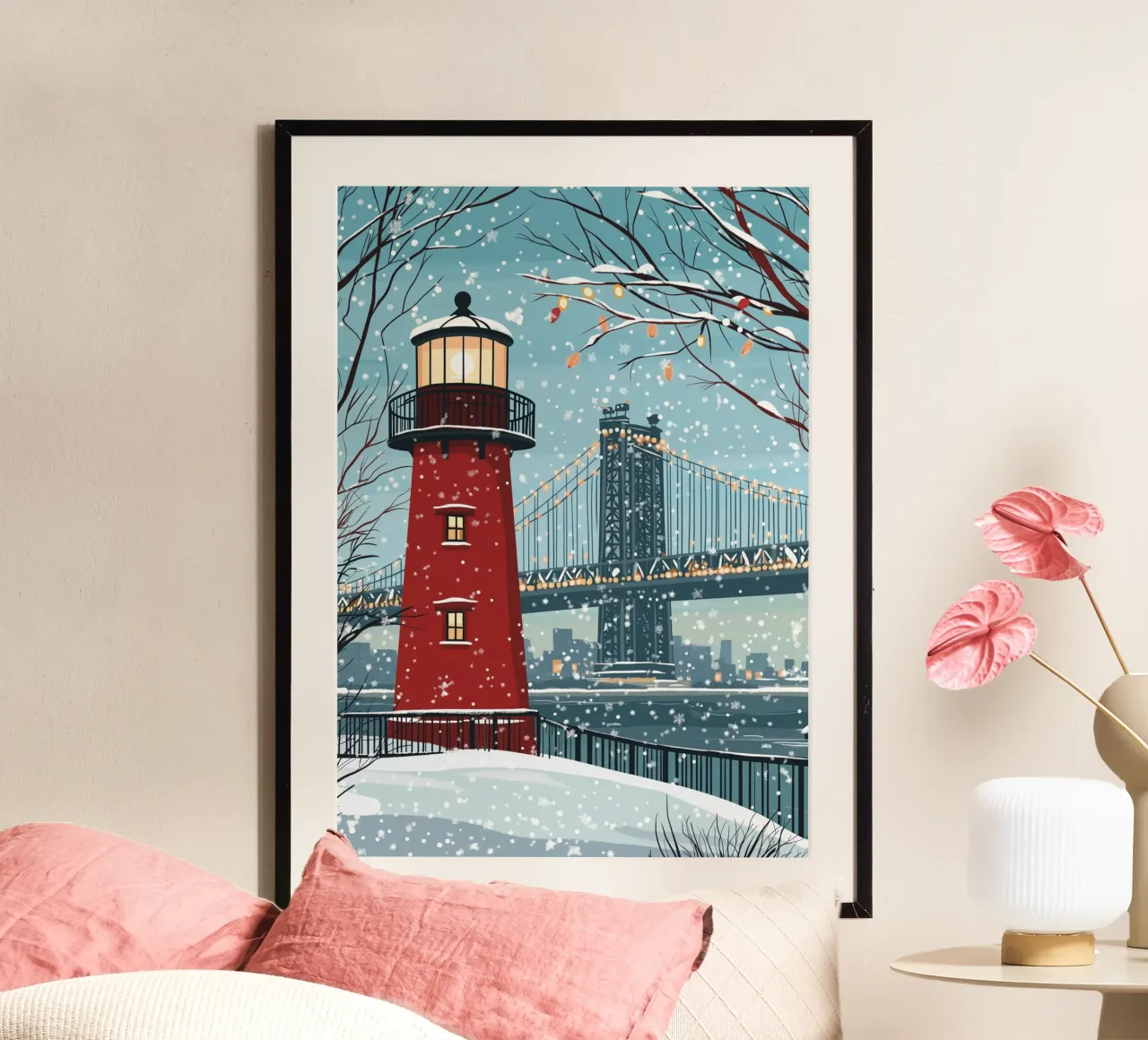 Faro rosso d'inverno - Ponte e paesaggio urbano innevati poster con telaio in alluminio da ClubArt