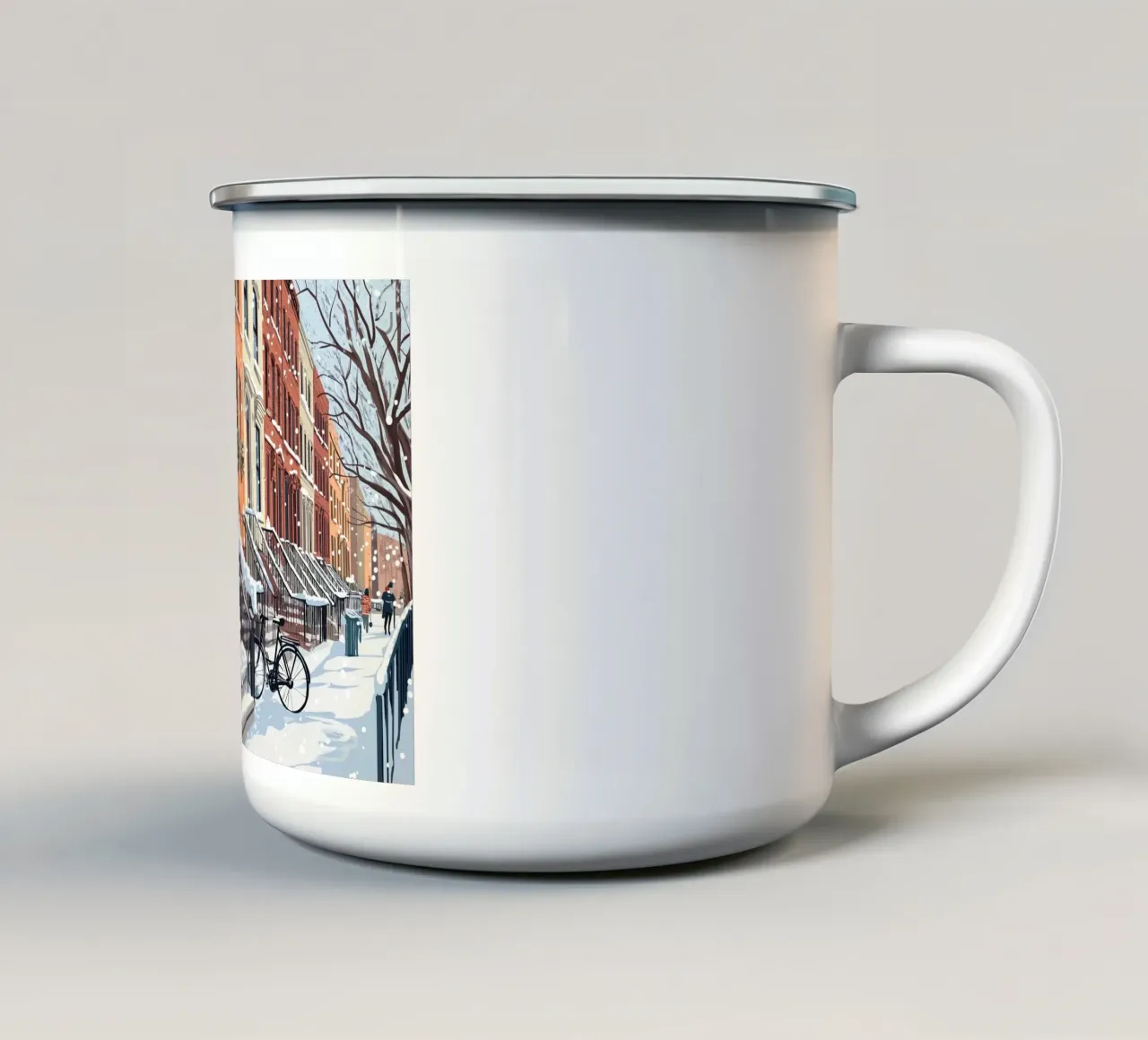 Festive botteghe di Brownstone - Scena natalizia della città innevata tazza in smalto da ClubArt