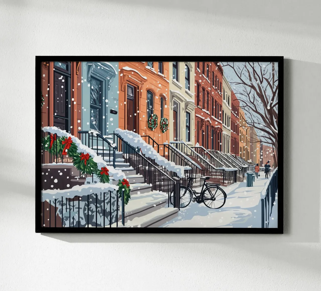Festliche Brownstone Stoops - Verschneite Weihnachtsszene in der Stadt Poster von ClubArt