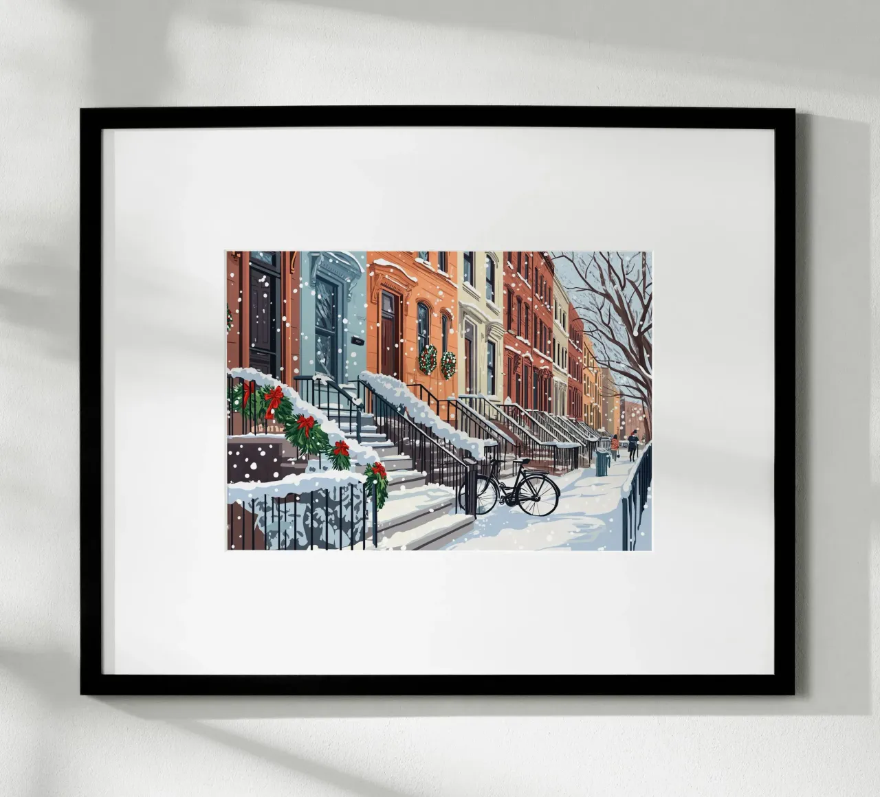 Festliche Brownstone Stoops - Verschneite Weihnachtsszene in der Stadt Poster von ClubArt